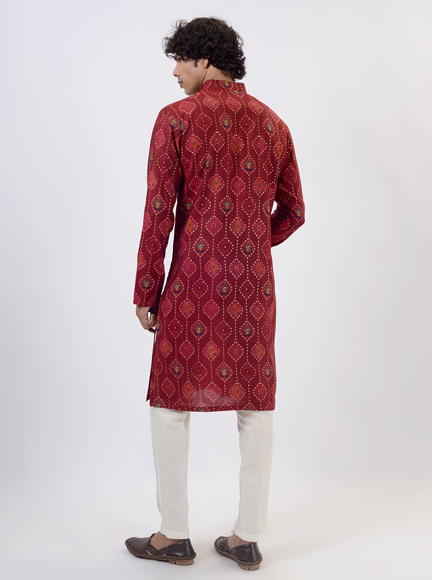 Maroon Printed Kurta For Men