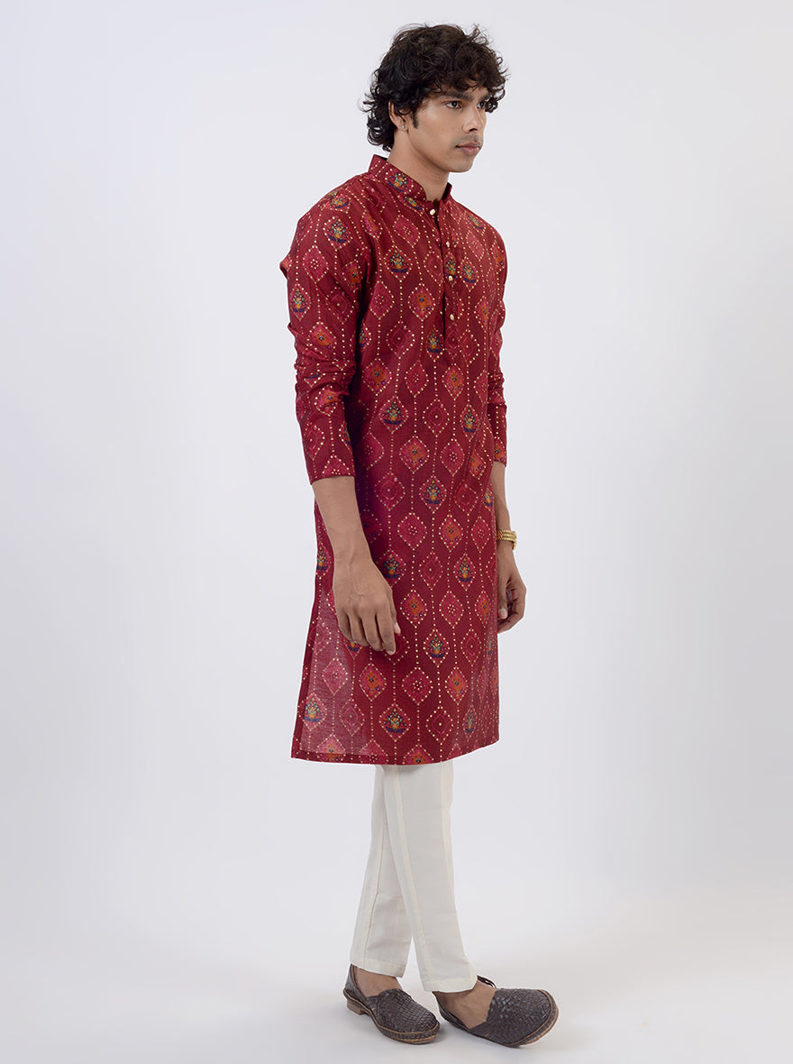 Maroon Printed Kurta For Men