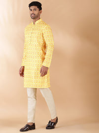 Yellow Printed Kurta For Men