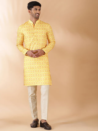 Yellow Printed Kurta For Men