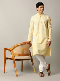 Lemon Yellow Embroidered Kurta For Men