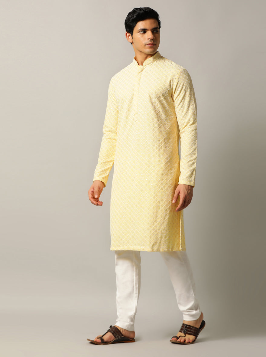 Lemon Yellow Embroidered Kurta For Men