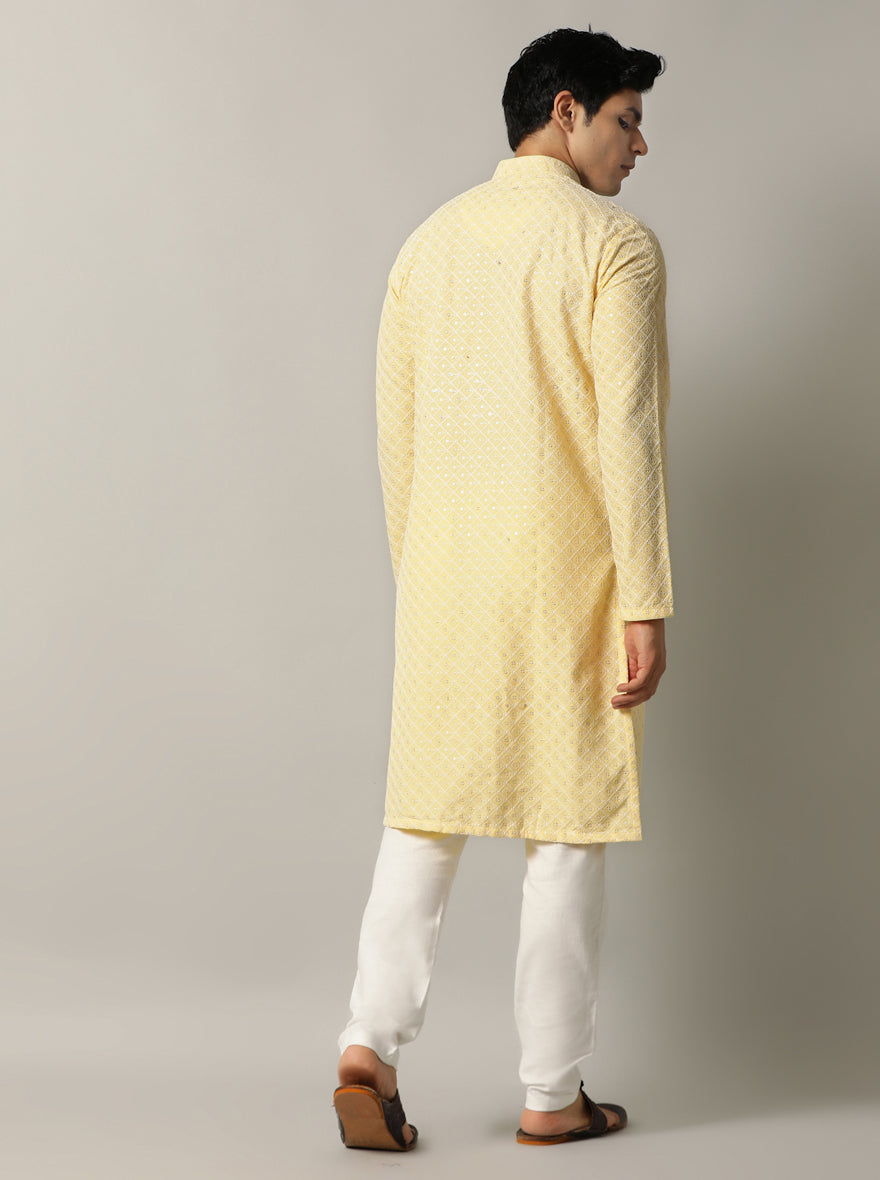 Lemon Yellow Embroidered Kurta For Men