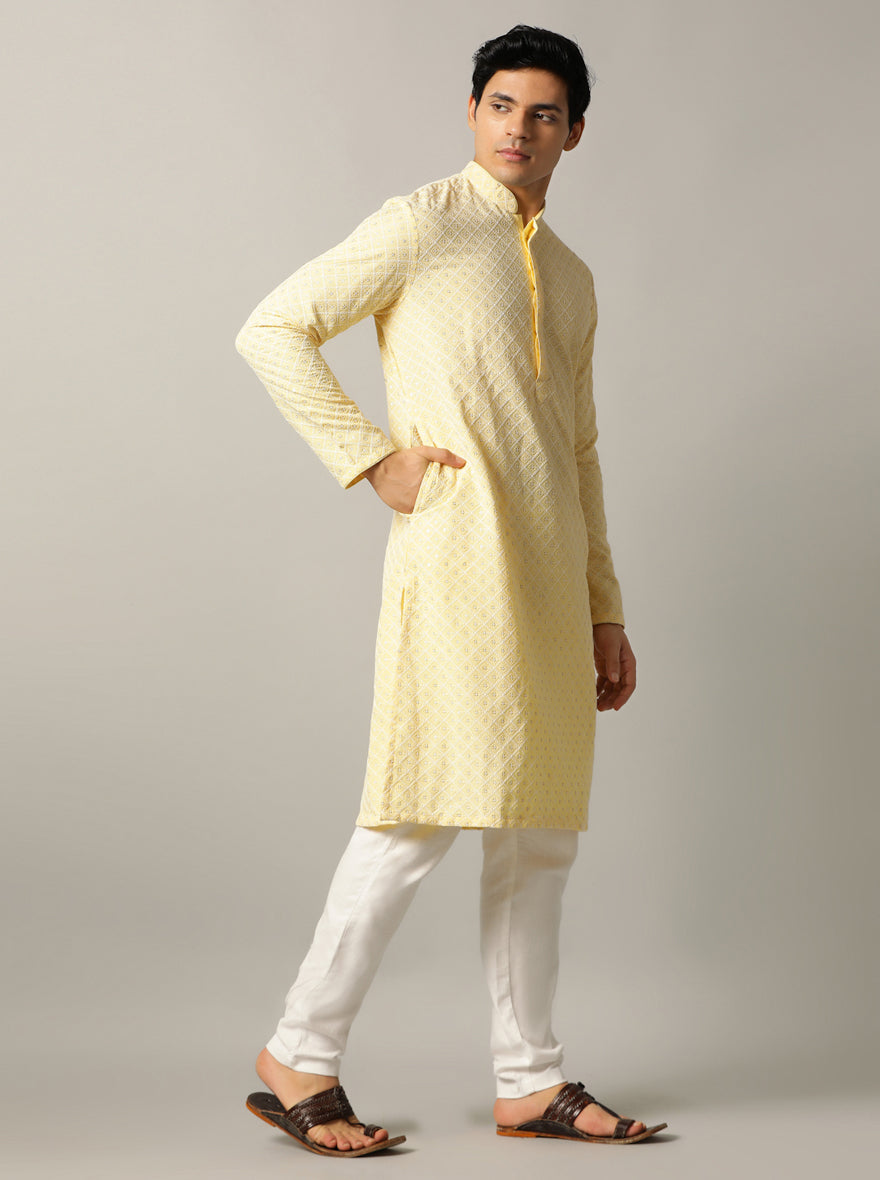 Lemon Yellow Embroidered Kurta For Men