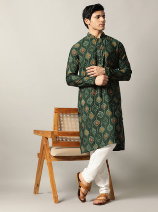 Bottle Green Printed Kurta For Men