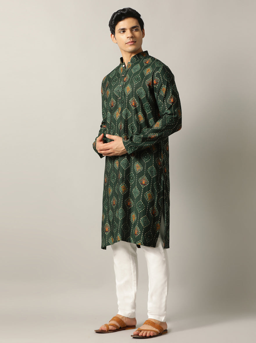 Bottle Green Printed Kurta For Men