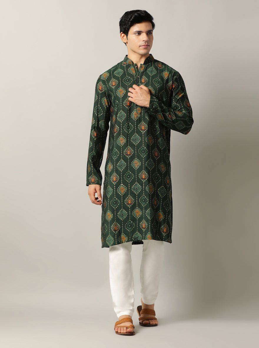 Bottle Green Printed Kurta For Men