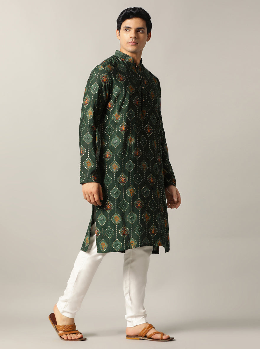 Bottle Green Printed Kurta For Men