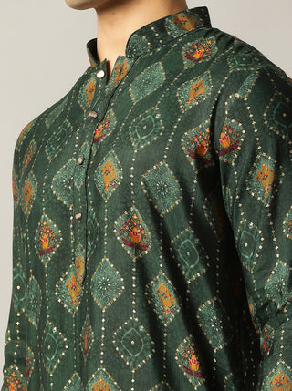 Bottle Green Printed Kurta For Men