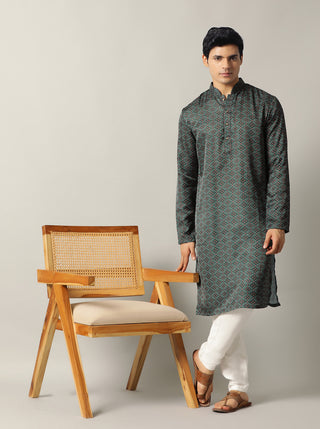 Bottle Green Printed Kurta For Men