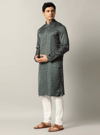 Bottle Green Printed Kurta For Men