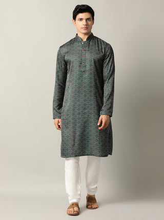 Bottle Green Printed Kurta For Men