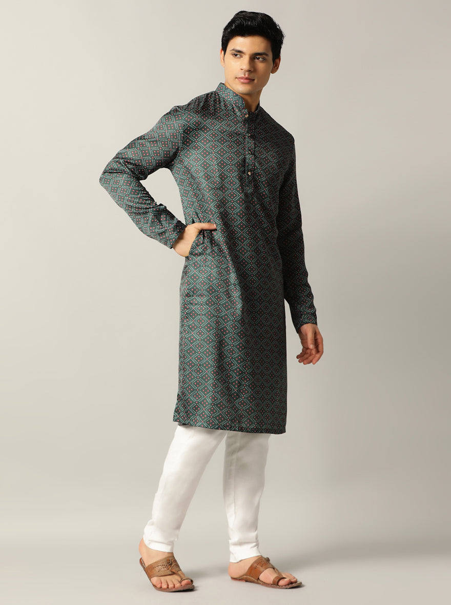 Bottle Green Printed Kurta For Men