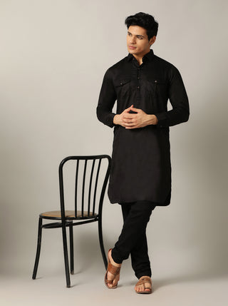 Black Solid Pathani Kurta For Men