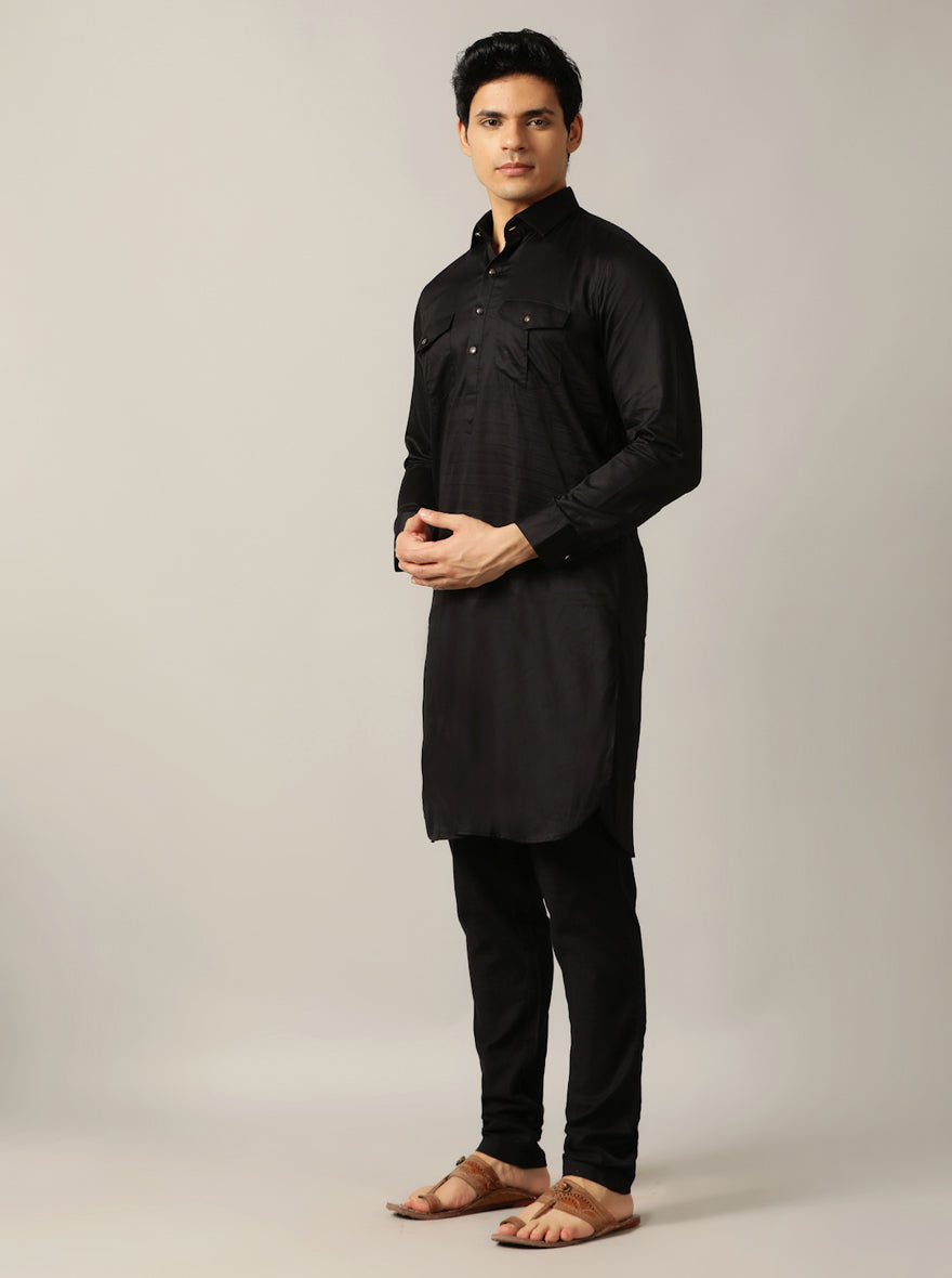 Black Solid Pathani Kurta For Men