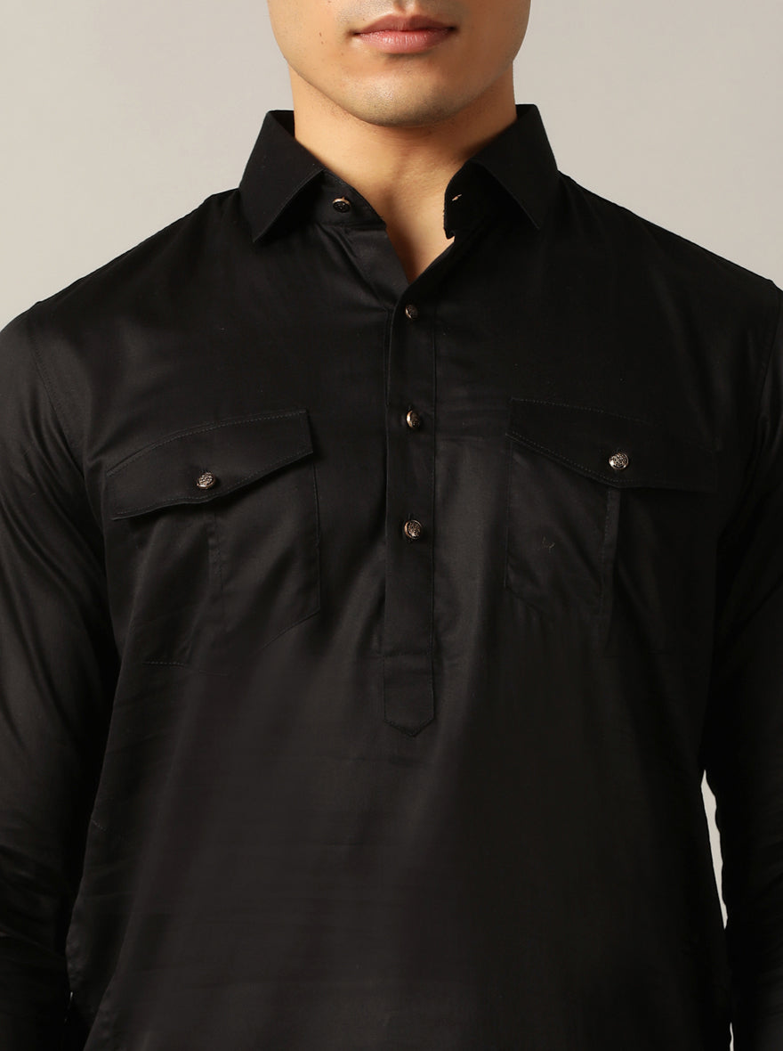 Black Solid Pathani Kurta For Men