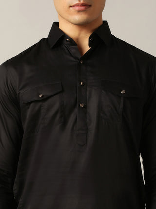 Black Solid Pathani Kurta For Men