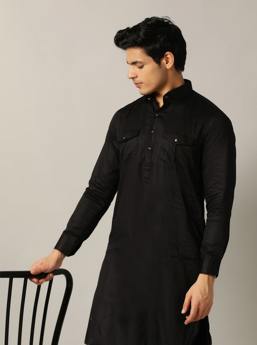 Black Solid Pathani Kurta For Men