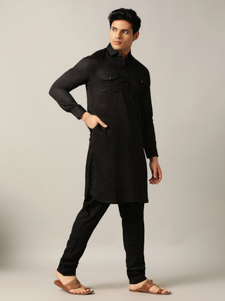 Black Solid Pathani Kurta For Men