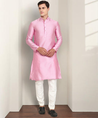 French Pink Texture Silk Blend Kurta for Men