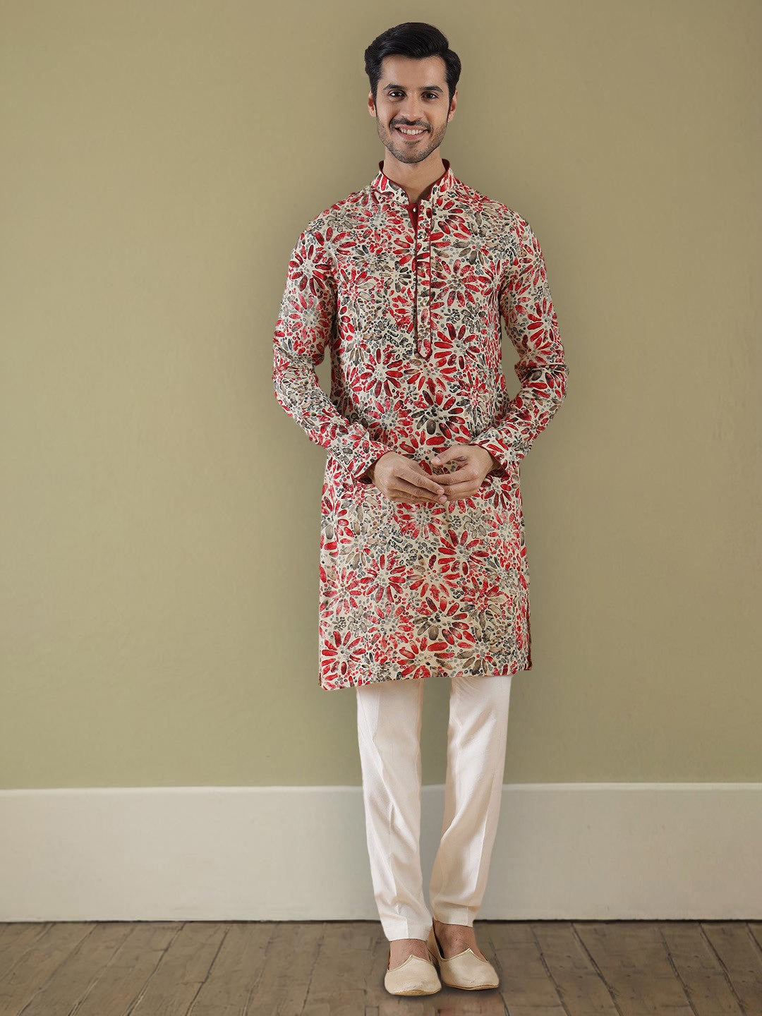 Cream Maroon Printed Kurta For Men