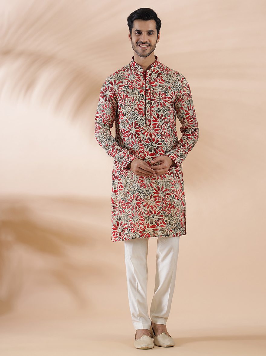 Cream Maroon Printed Kurta For Men