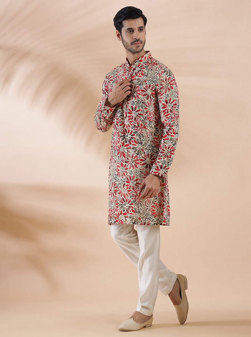 Cream Maroon Printed Kurta For Men