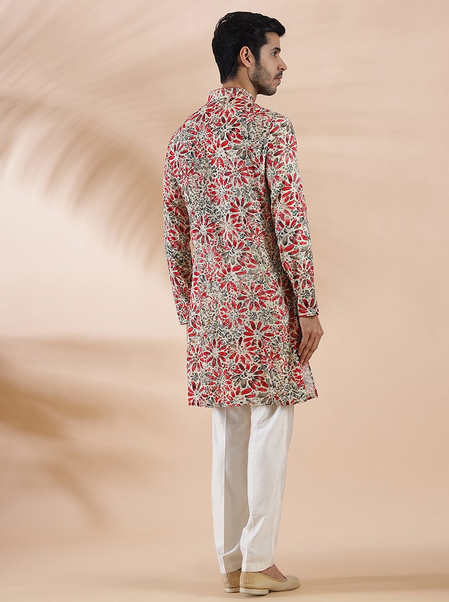 Cream Maroon Printed Kurta For Men