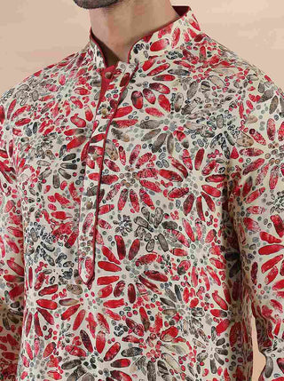 Cream Maroon Printed Kurta For Men