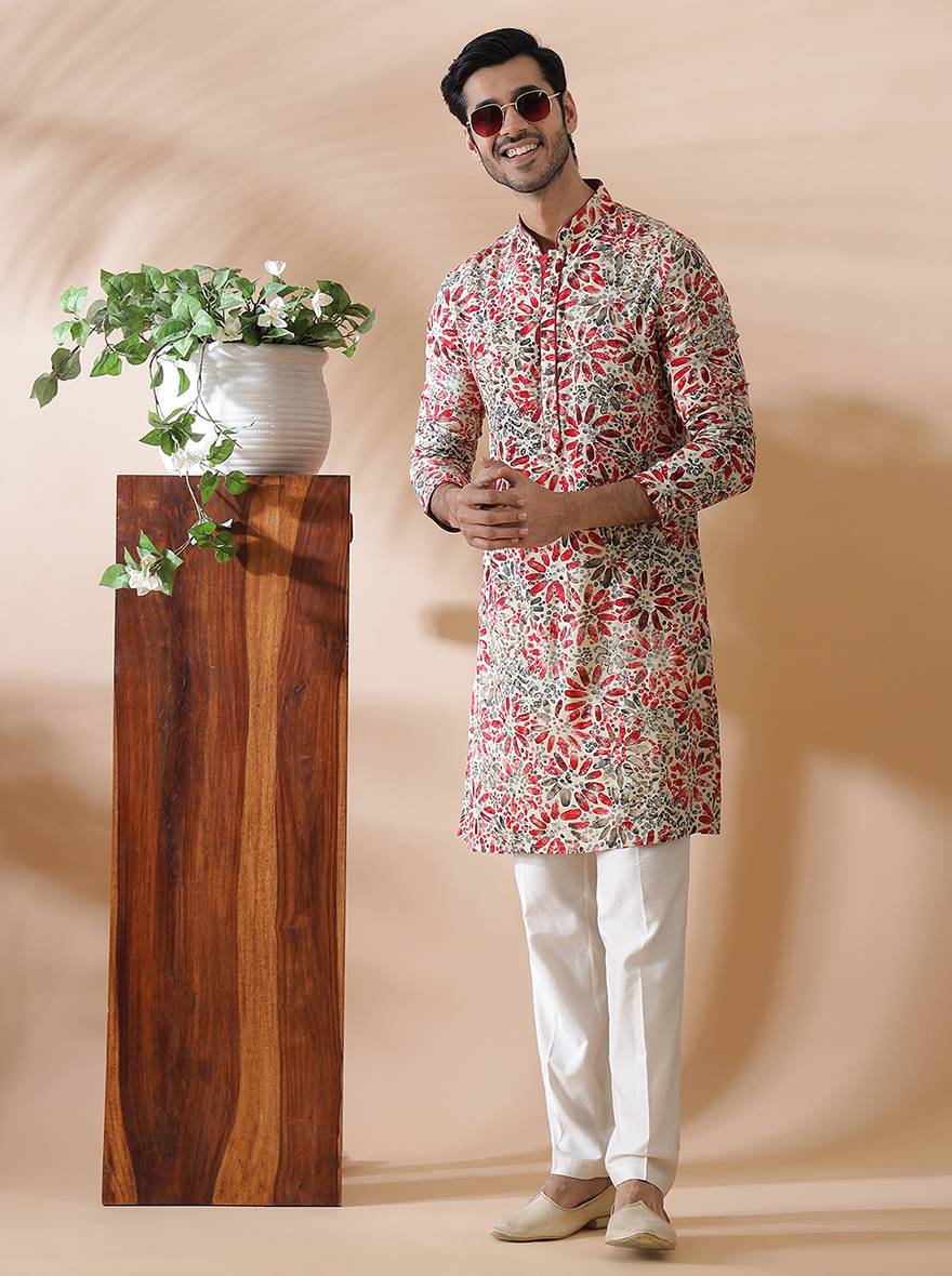 Cream Maroon Printed Kurta For Men