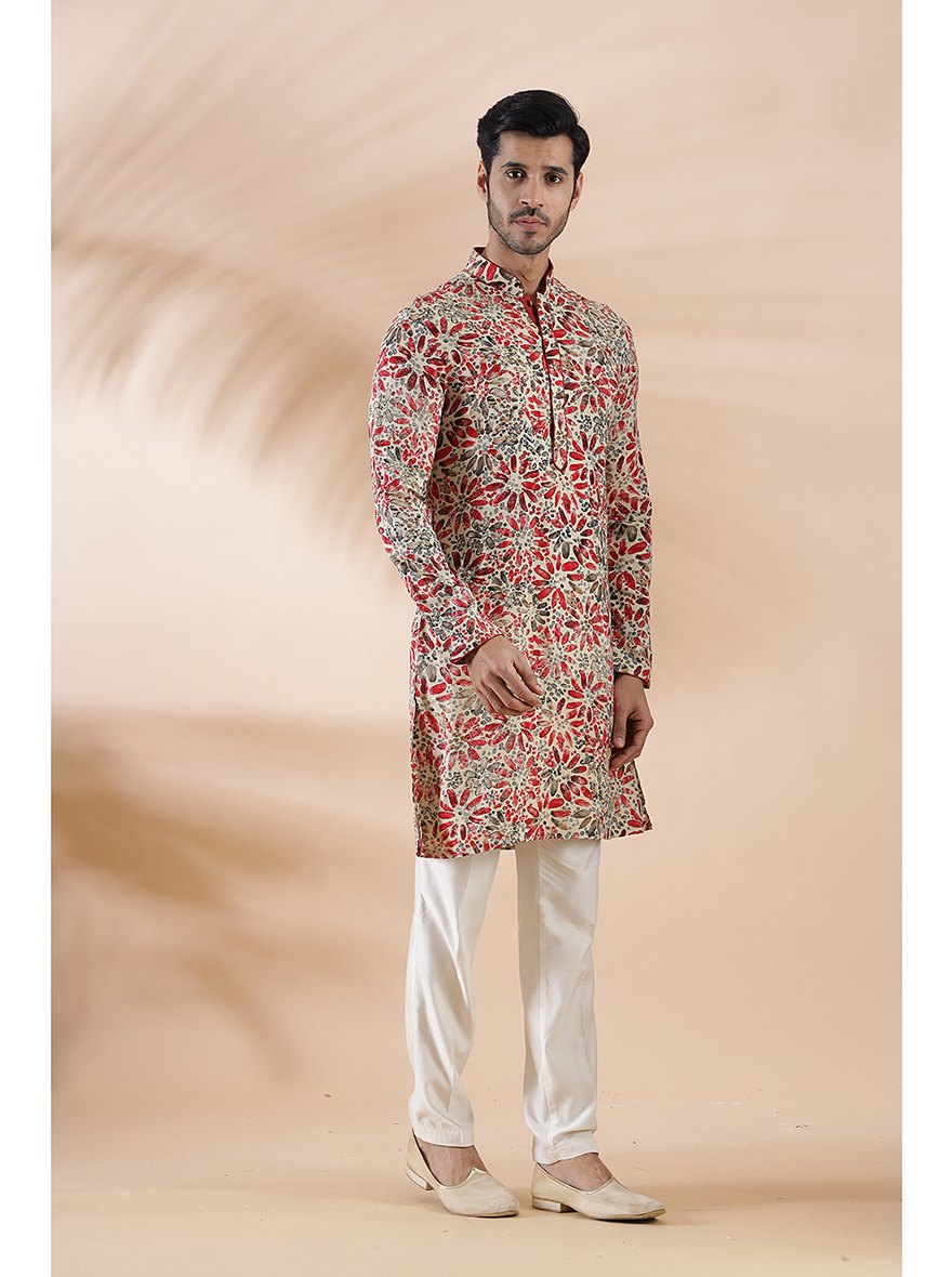 Cream Maroon Printed Kurta For Men