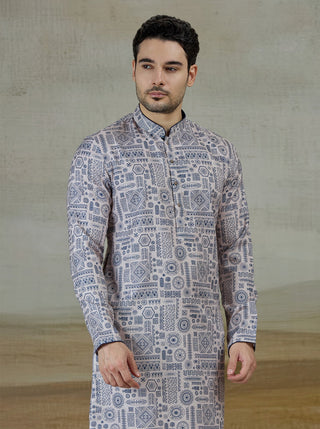 Blue & Beige Printed Kurta For Men