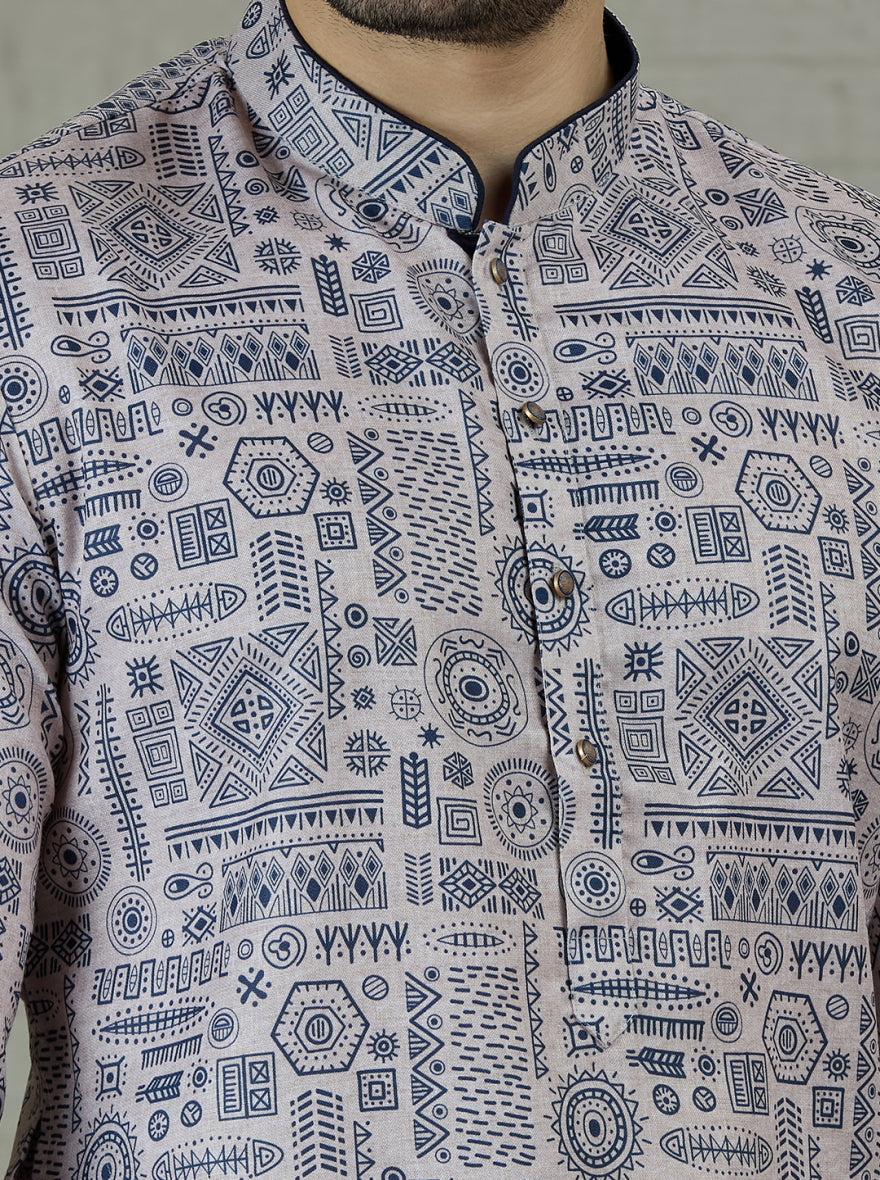 Blue & Beige Printed Kurta For Men
