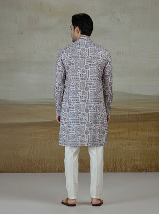 Blue & Beige Printed Kurta For Men
