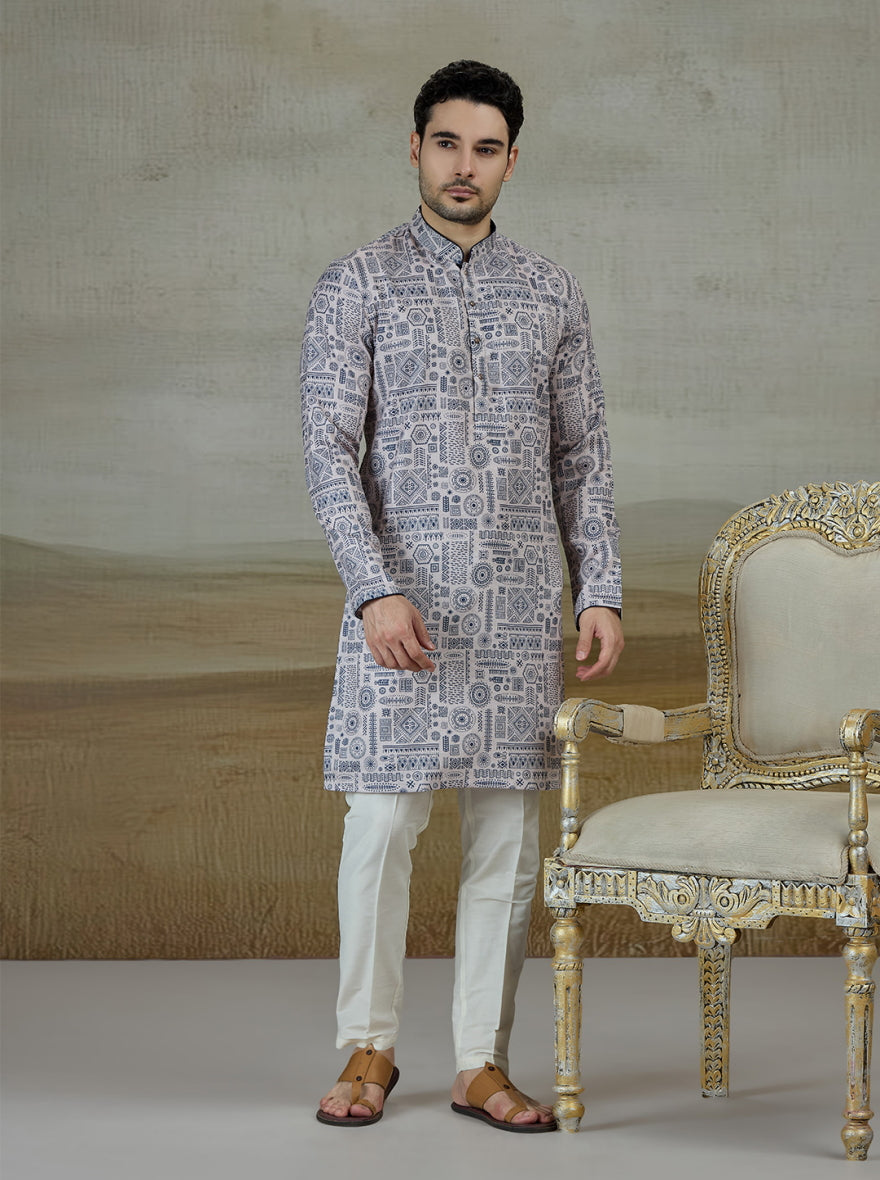 Blue & Beige Printed Kurta For Men
