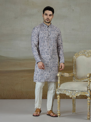 Blue & Beige Printed Kurta For Men