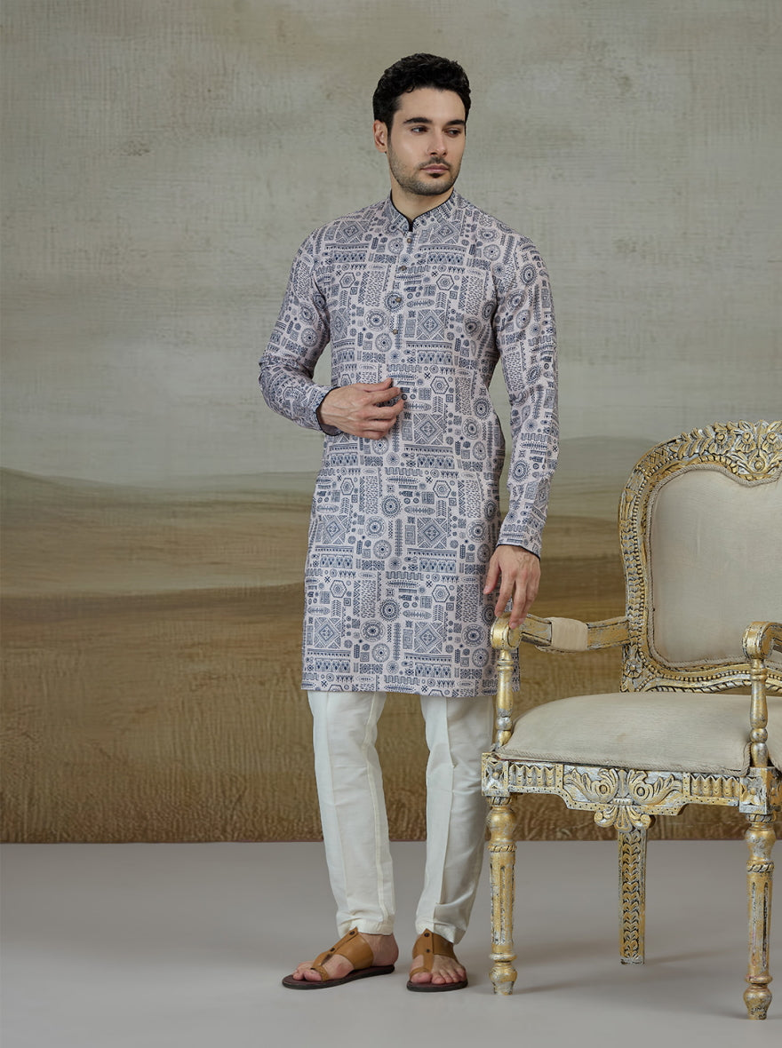 Blue & Beige Printed Kurta For Men