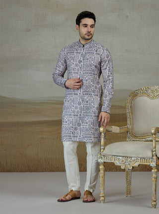 Blue & Beige Printed Kurta For Men