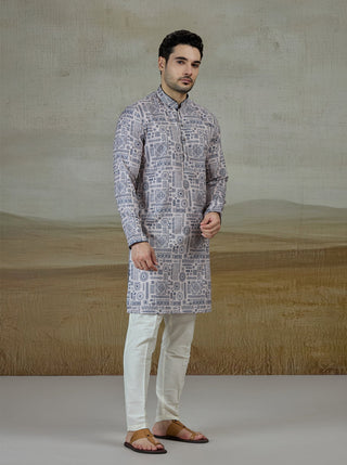 Blue & Beige Printed Kurta For Men