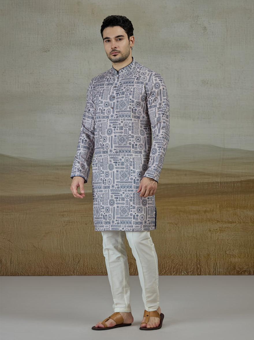 Blue & Beige Printed Kurta For Men
