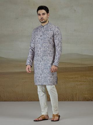 Blue & Beige Printed Kurta For Men