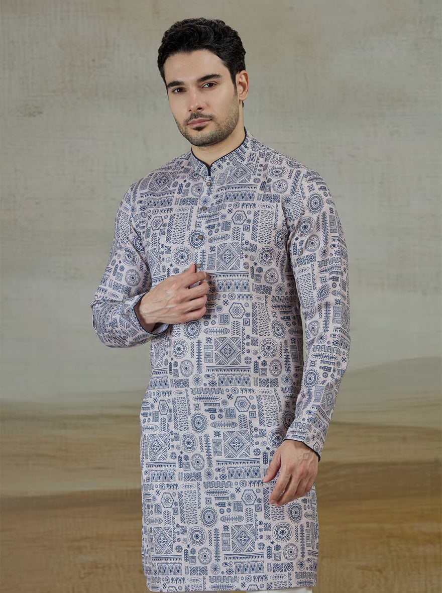 Blue & Beige Printed Kurta For Men