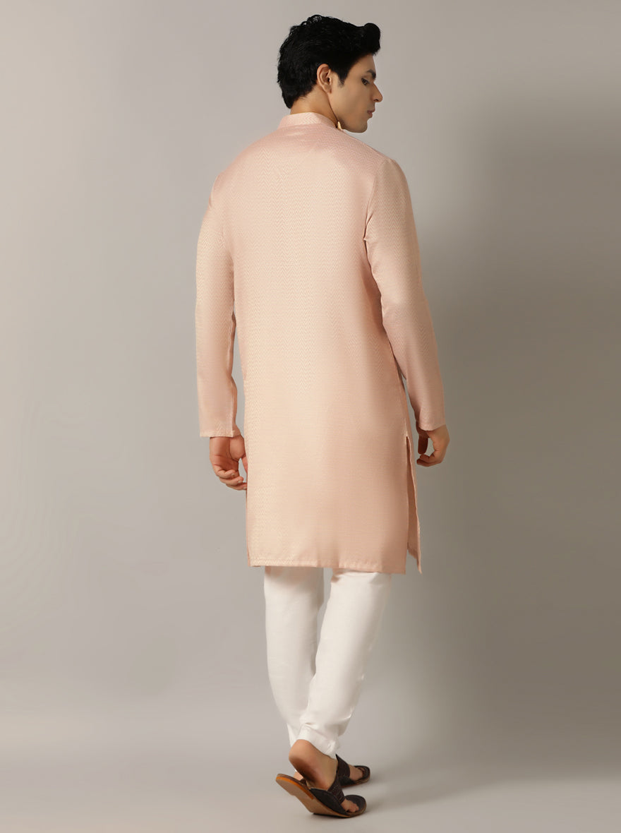 Pink Self Design Kurta For Men