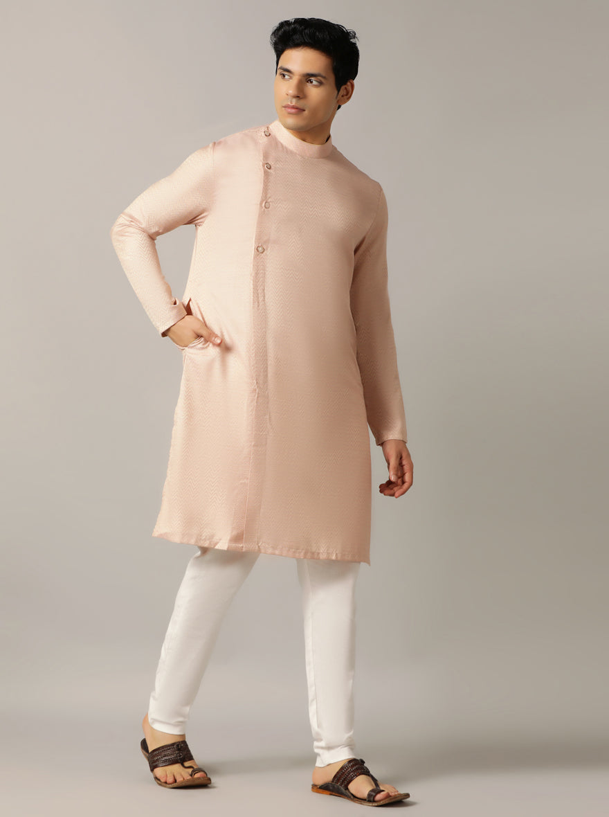 Pink Self Design Kurta For Men