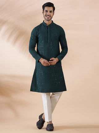 Green Embroidered Kurta For Men