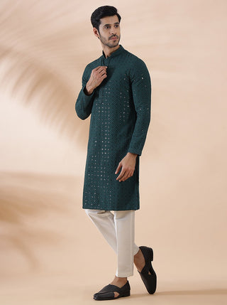 Green Embroidered Kurta For Men