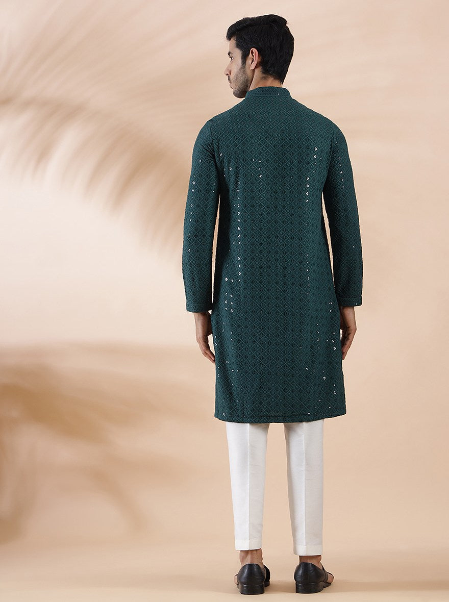 Green Embroidered Kurta For Men