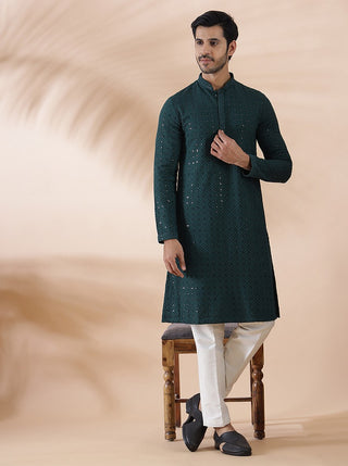 Green Embroidered Kurta For Men