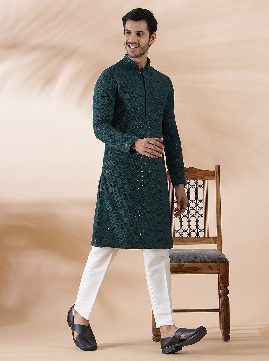 Green Embroidered Kurta For Men