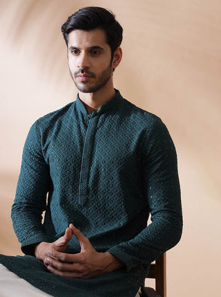 Green Embroidered Kurta For Men